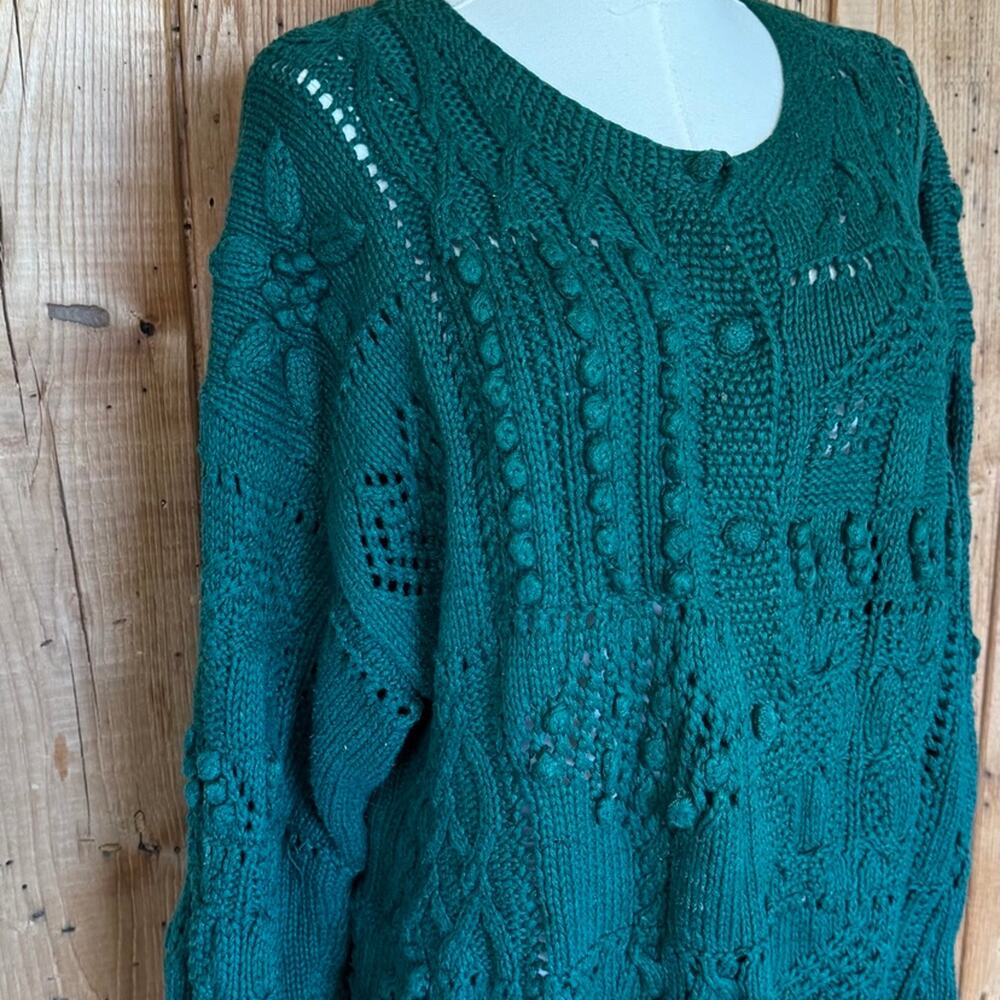 Vintage 80s Cape Isle Knitters Forest Green Chunky Knit Cardigan Sweater Large